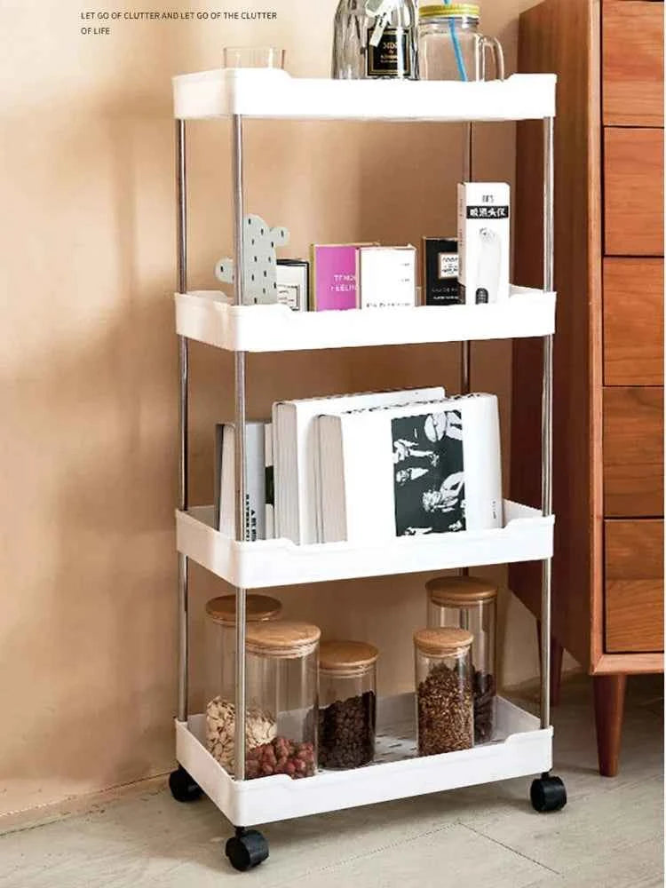 4 tier slide organizer shelf with wheels for easy mobility and ample storage for books and jars