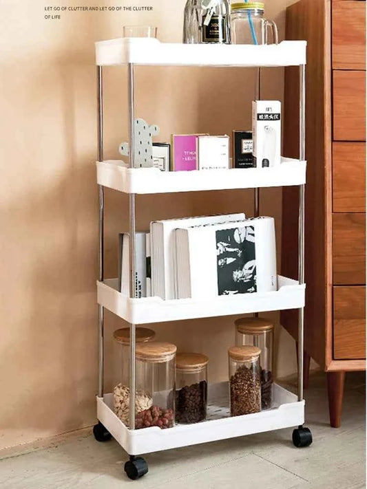 4 tier slide organizer shelf with wheels for easy mobility and ample storage for books and jars