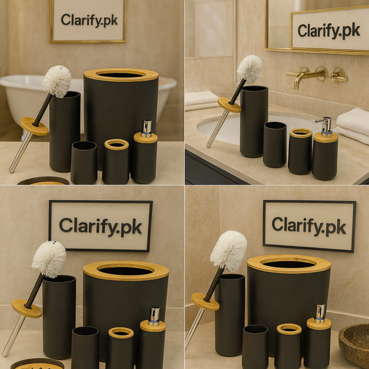 Premium Black 6 Pcs Bathroom Accessories Set with Bamboo Accents – Modern Luxury