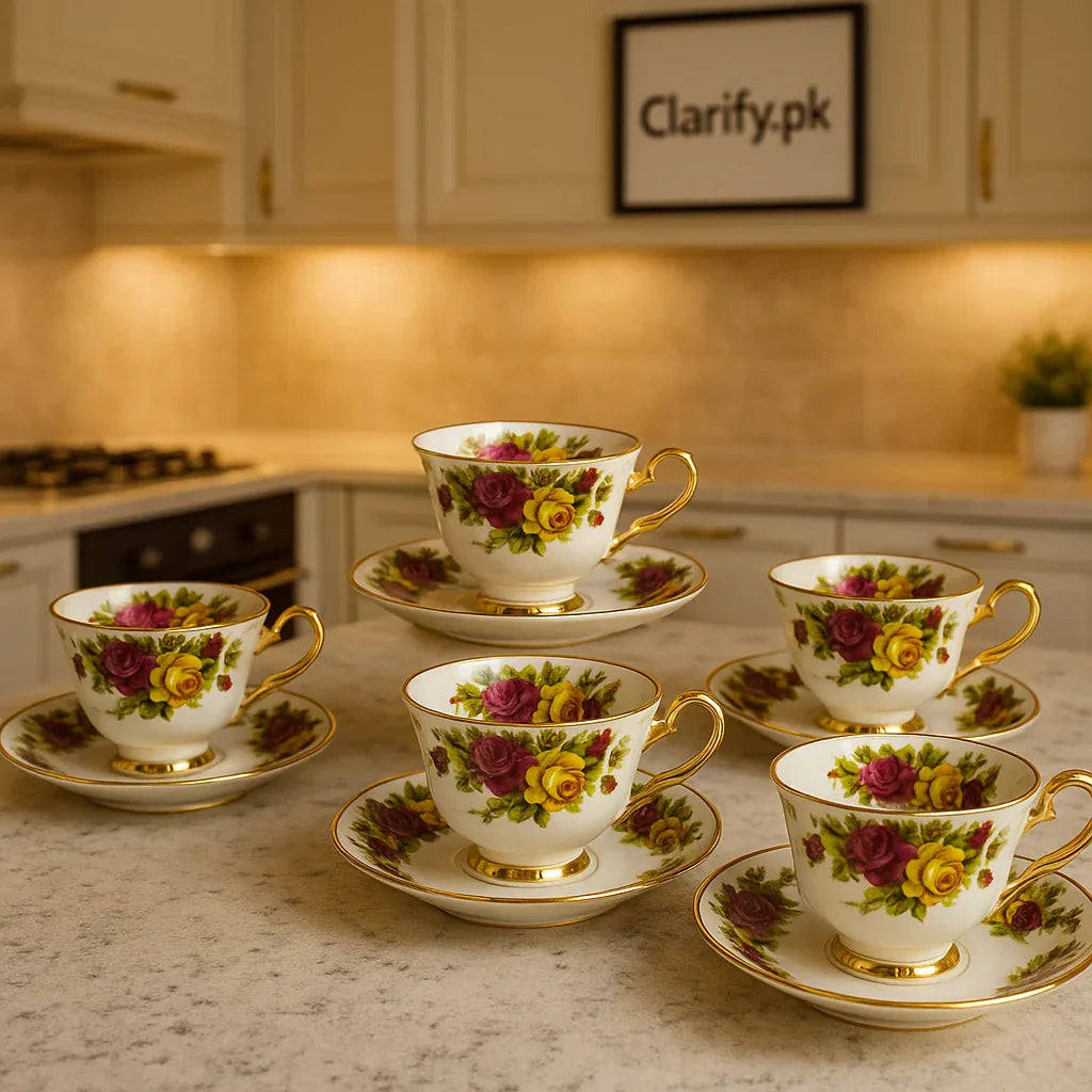 Ceramic 6 Pcs Cup & Saucer Set – Luxury Floral Gold Handle Design