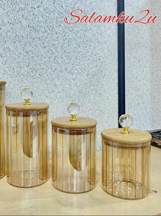 Golden Storage Jar with Wooden Lid & Crystal Knob