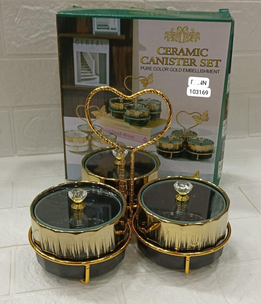 Elegant Black & Gold Ceramic Jar Set – Crystal Lid with Heart Handle