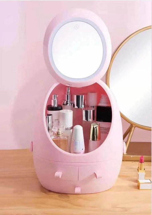 Oval Mirror Cosmetic Organizer with LED Lighted Storage and Makeup Mirror