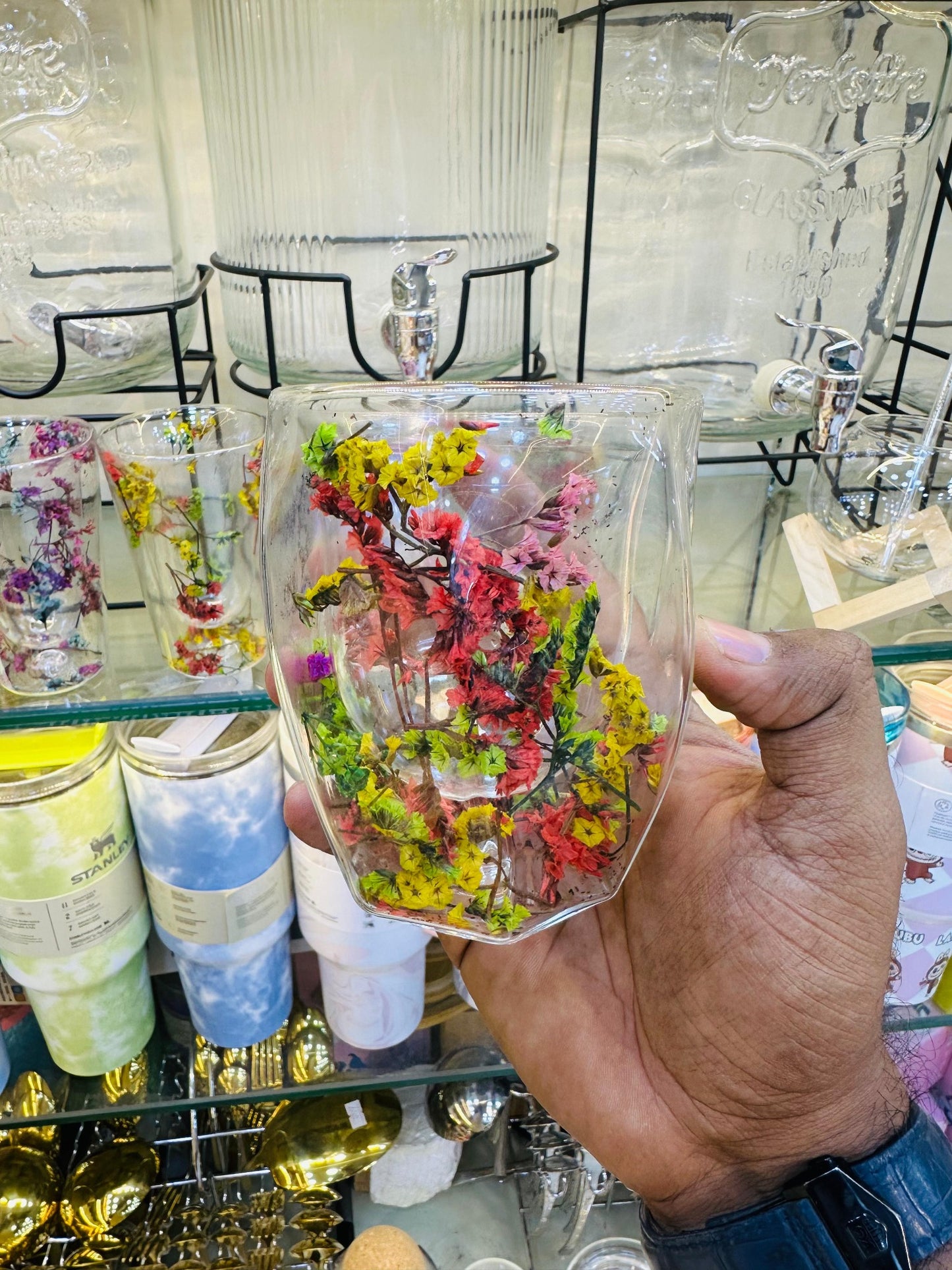 Luxury Dual-Color Floral Glass Cup – Double Wall Insulated Design