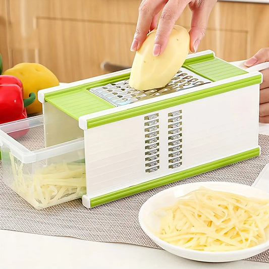 Clarify.pk 5-in-1 kitchen slicer for vegetables with green and white design slicing a potato over container