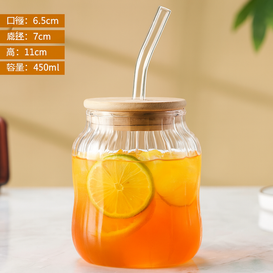 Glass Jar Tumbler – 450ml with Bamboo Lid & Reusable Straw
