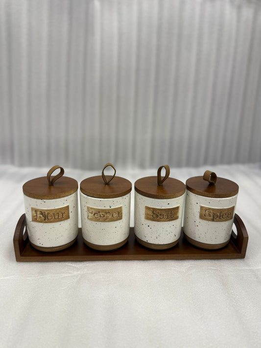Rustic 4 Pcs Ceramic Jar Set with Wooden Tray