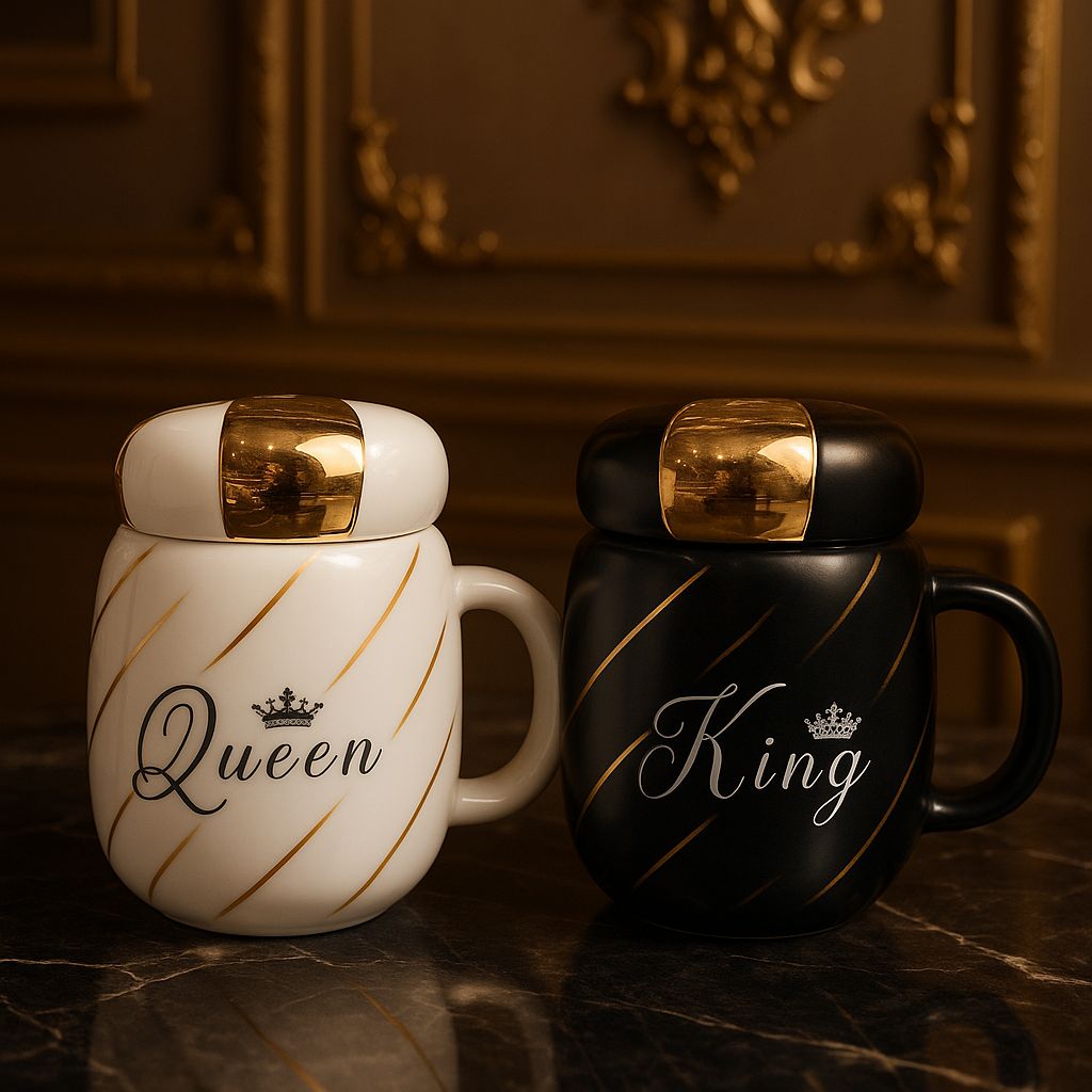 King & Queen Ceramic Mug Set – Couple Cups with Lids