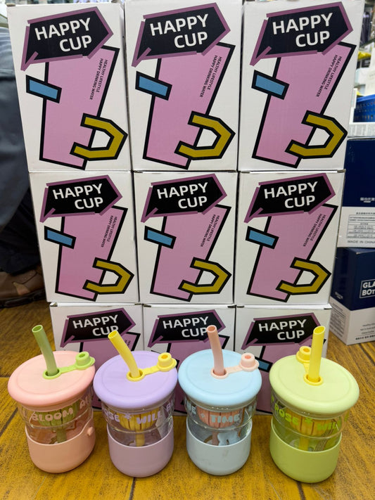 Happy Glass Cup with Flower Lid & Straw – Cute Portable Drinking Cup