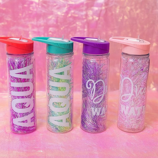 Set of four colorful 550ml water bottle for kids with glitter inside and flip-top lids