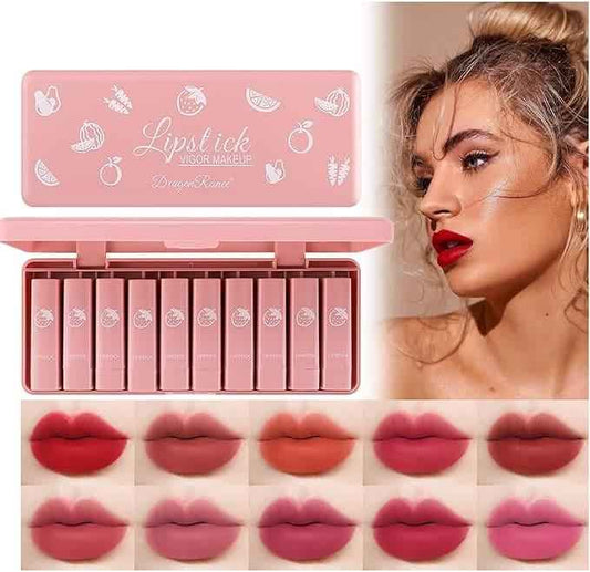Pack of 10 Dragon Ranee Lipsticks Set Waterproof &
Long-lasting.