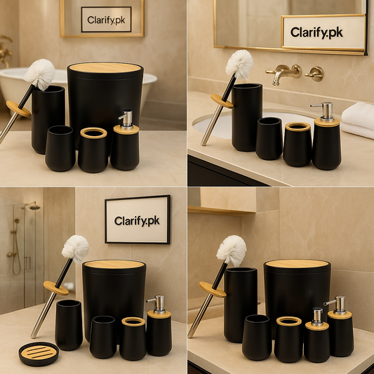 Premium Black & Bamboo 6 Pcs Bathroom Accessories Set – Modern Luxury