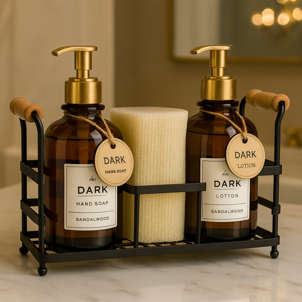 Amber Soap & Lotion Dispenser Set with Gold Caddy – Elegant Refillable Organizer
