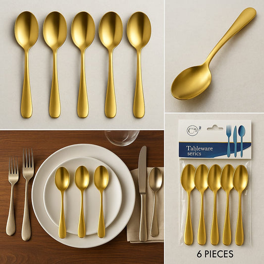 Pack of 6 Golden Dessert Spoons – Elegant Stainless Steel Cutlery