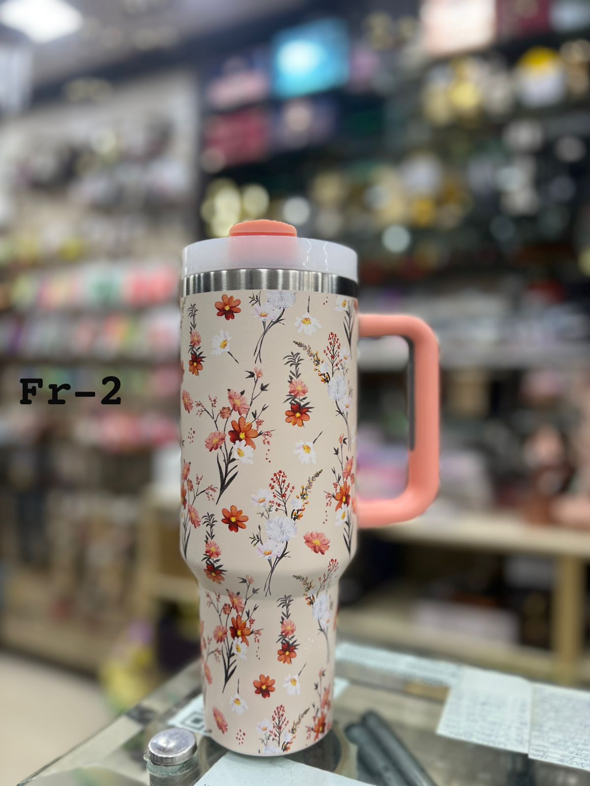 Premium Beige Floral 40oz Tumbler With Handle – 1200ml
