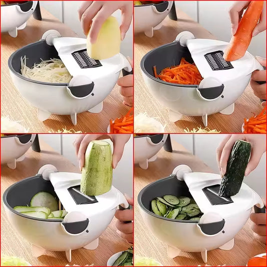 Clarify.pk 6 in 1 kitchen chopper and grater slicing vegetables into a white bowl with interchangeable blades