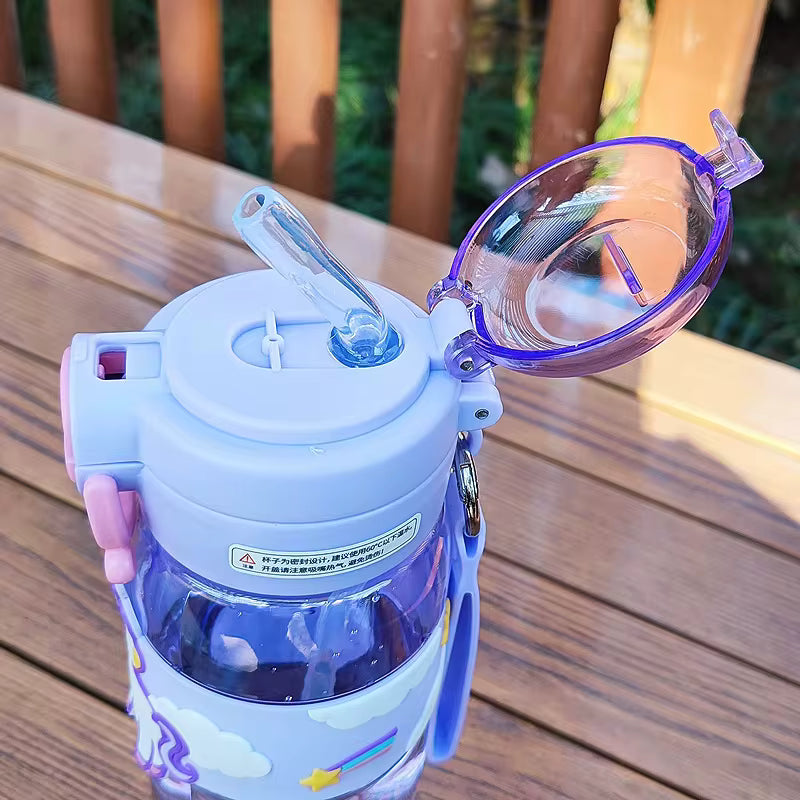 600ml kids water bottle with straw in purple featuring a flip-top lid and colorful design