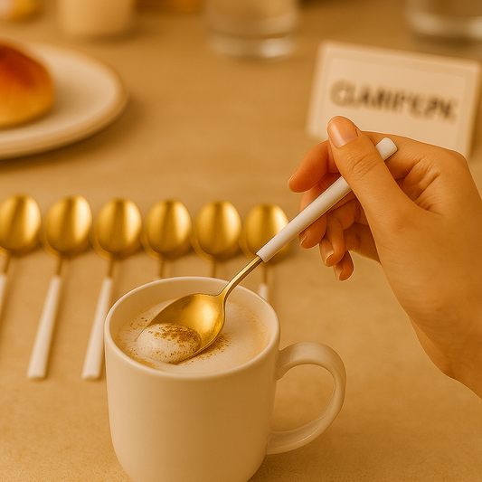 6-Piece Gold Dessert Spoon Collection – White Handle Elegant Cutlery