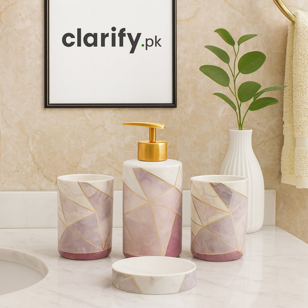 4-Piece Bathroom Set - Marble Pink with Gold Geometric Design