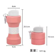 650ml silicone sports water bottle by Clarify.pk showing collapsible design with carabiner clip in pink