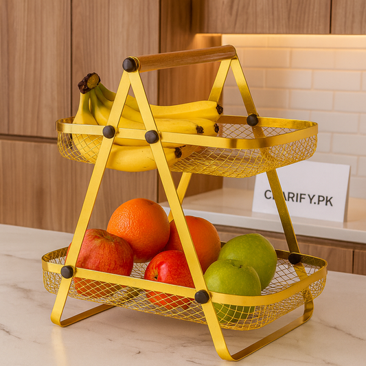 Golden 2 Tier Fruit Basket Stand – Elegant Gold Organizer