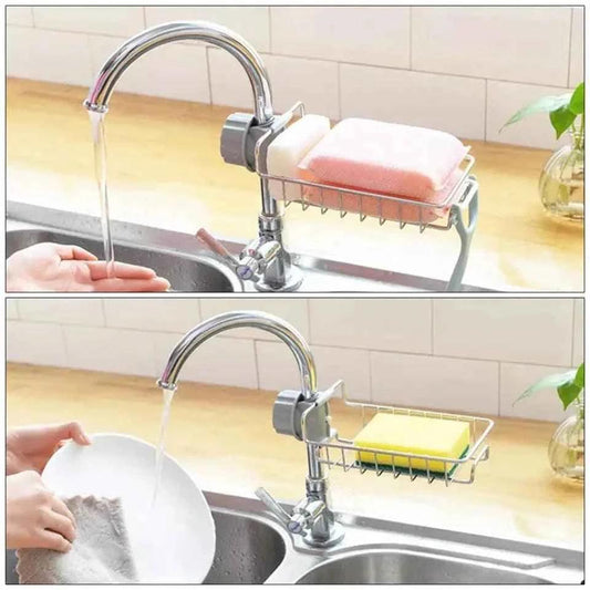 Stainless Steel Sink Organizer, Sponge and Soap Storage Holder, Hanging Drain Rack for Kitchen, Shelf for Dish Cloth and Accessories.