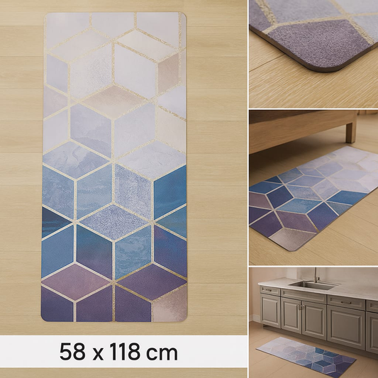 Anti-Slip Rubber Mat – Blue & Purple Cube Print Floor Rug (58 x 118 cm)