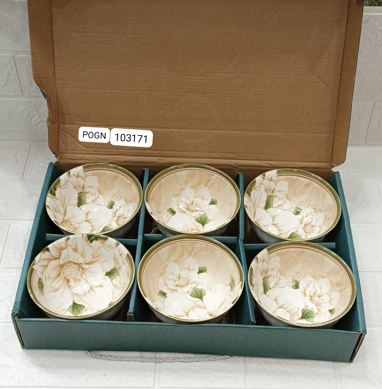 Pack of 6 Ceramic Bowl Set – Elegant Beige Floral Design