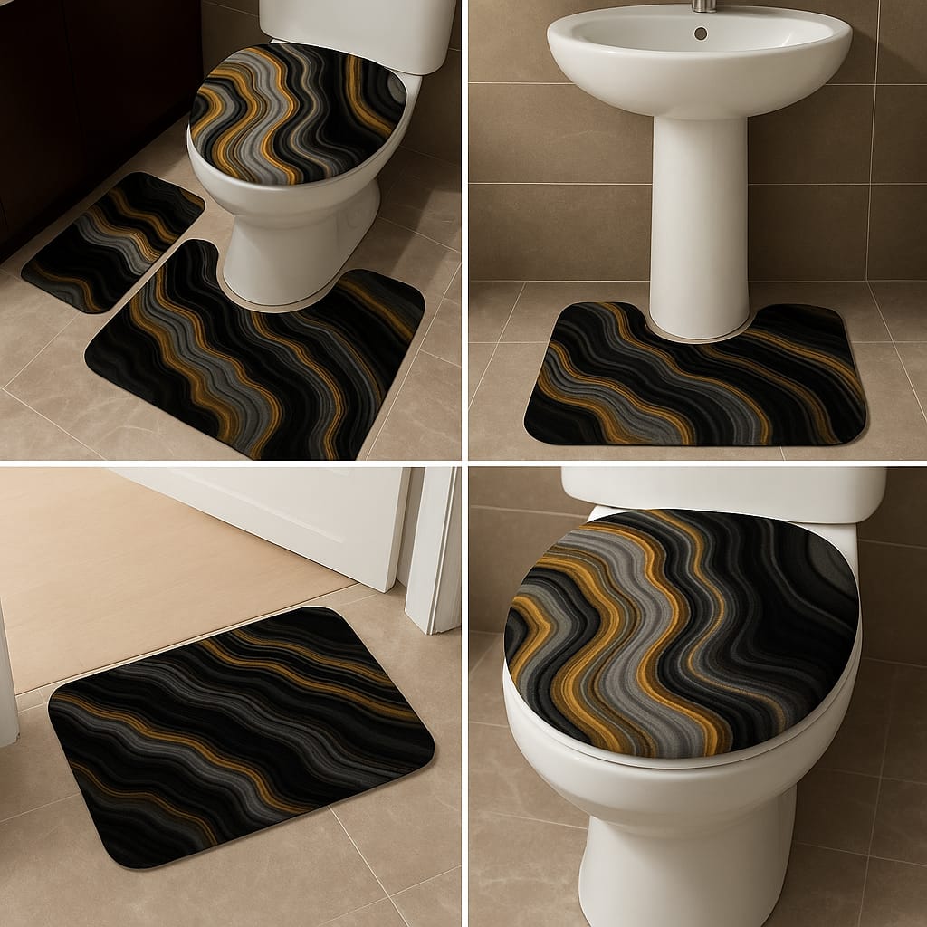 3-Piece Bathroom Mat Set – Black & Gold Wave Print Absorbent Non-Slip Rugs with Toilet Lid Cover