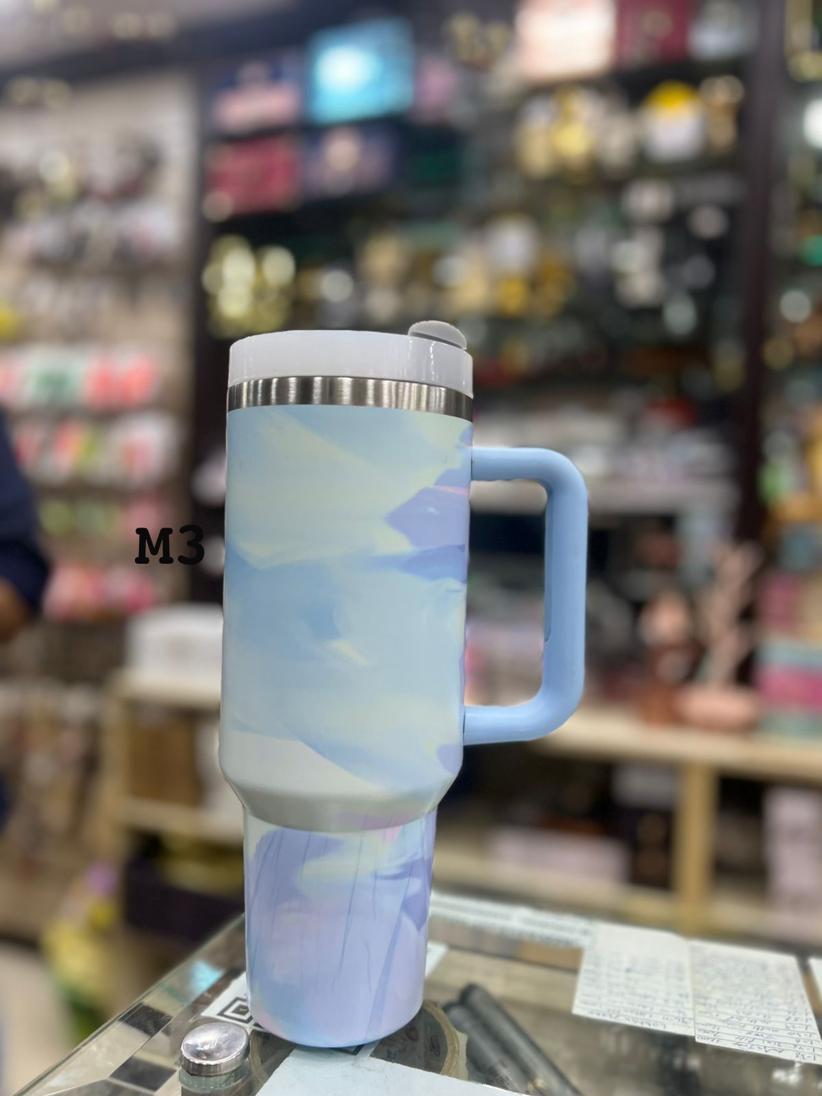 Premium Soft Pastel Watercolor 40oz Tumbler – 1200ml Blue Handle