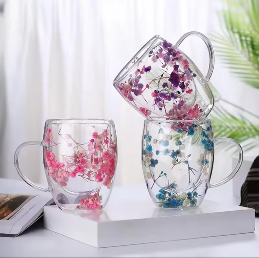Double Wall Flower Mug 350ml – Insulated Glass Coffee Cup (Random)