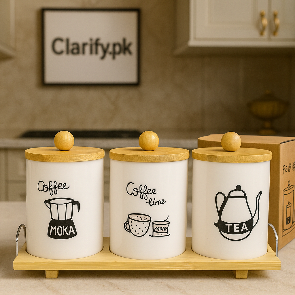 3 Pcs Ceramic Kitchen Jar Set – Bamboo Lid & Wooden Stand