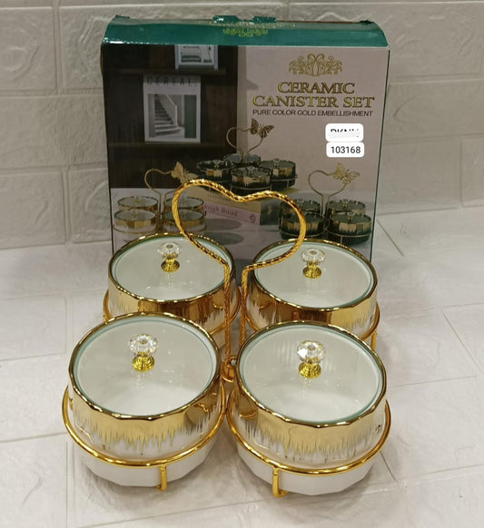 4 Pcs Premium Ceramic Canister Set – Gold Rim with Crystal Lids