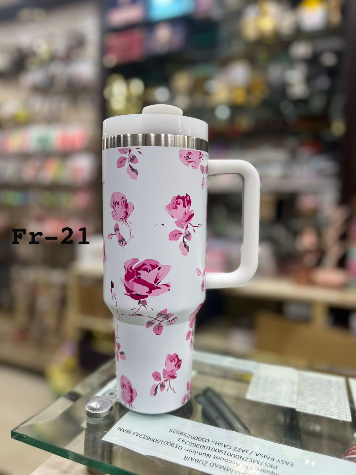 Premium White Pink Rose 40oz Tumbler With Handle – 1200ml