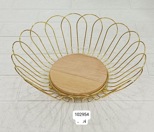 Luxury Golden Wire Fruit Basket with Wooden Base – Decorative Storage Bowl