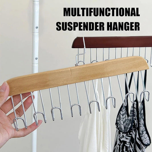 Multifunctional Wooden Hanger with 8 Hooks for Organizing Suspender and Accessories - Clarify.pk