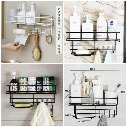 Wall-Mounted Kitchen Shelf with Hooks & Soap Dish – Space-Saving Organizer