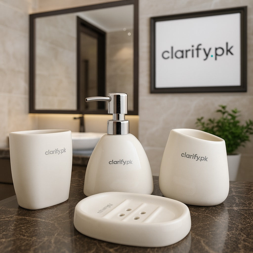 4-Piece Bathroom Set – Elegant White Ceramic with Silver Pump