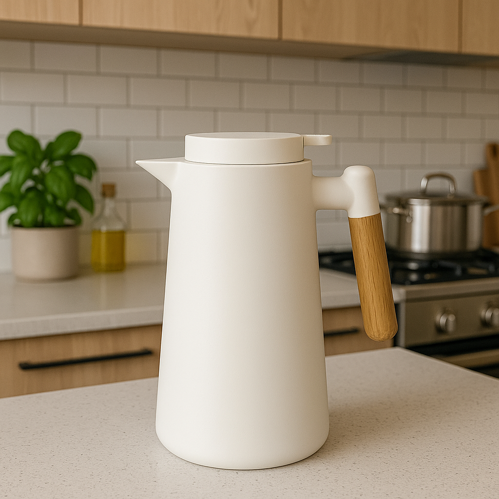 Elegant White Thermos Jug with Wooden Handle – 1 Liter