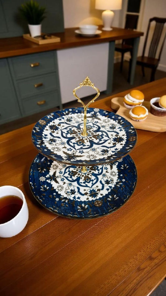 Luxury Royal Blue 2-Tier Ceramic Dessert Stand