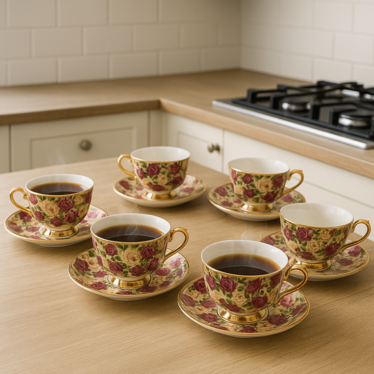 Luxury Floral 6pcs Tea Cup & Saucer Set – Grey & Gold Ceramic Edition