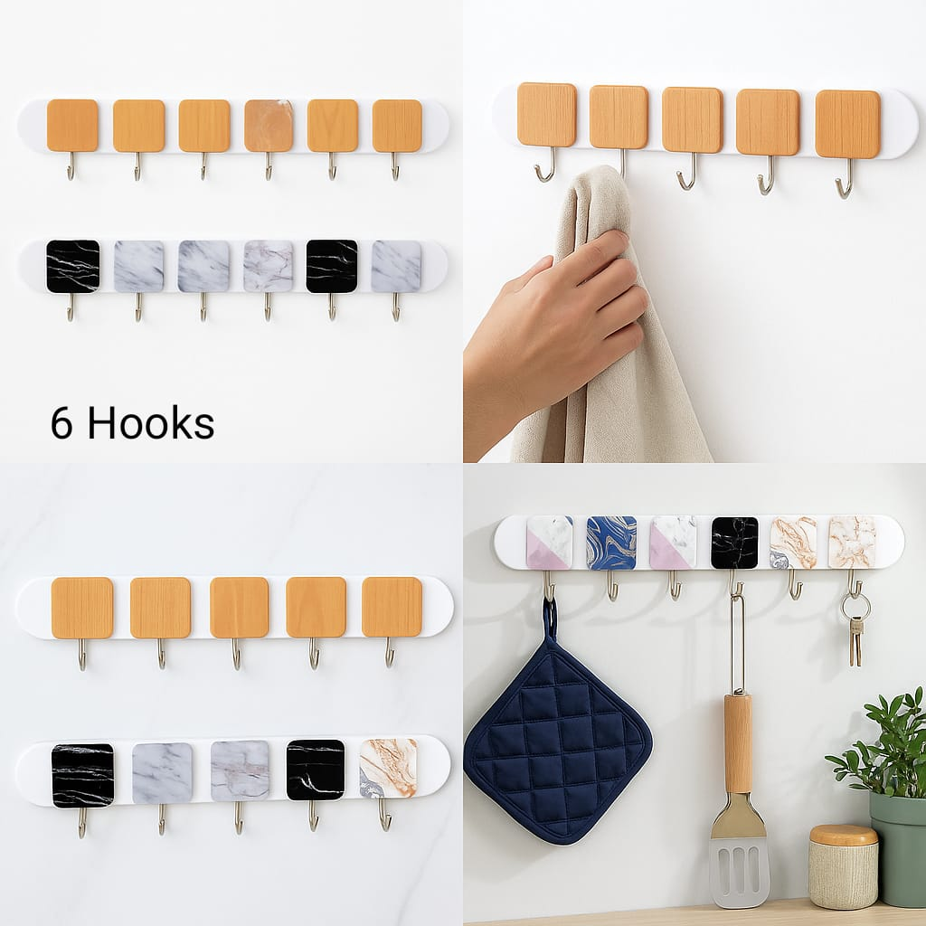 Adhesive Hook Strip – 6 Metal Hooks Wall Organizer (Random)
