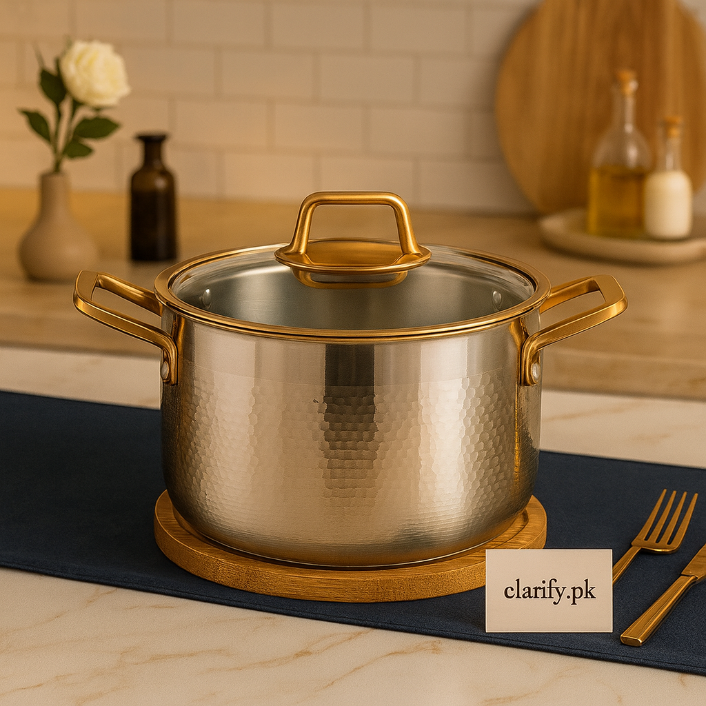 Premium Stainless Steel Cook Pot – Elegant Golden Handle Kitchenware