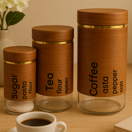3-Piece Glass Storage Jar Set – Wooden Lid Coffee, Tea & Sugar Containers