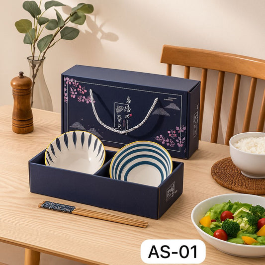 Japanese Ceramic Bowl Set of 2 with Chopsticks – Oriental Blue Blossom Print