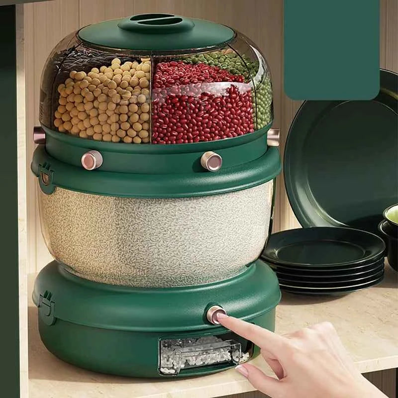 9kg food storage container with three compartments for rice, legumes, and grains, designed for kitchen organization