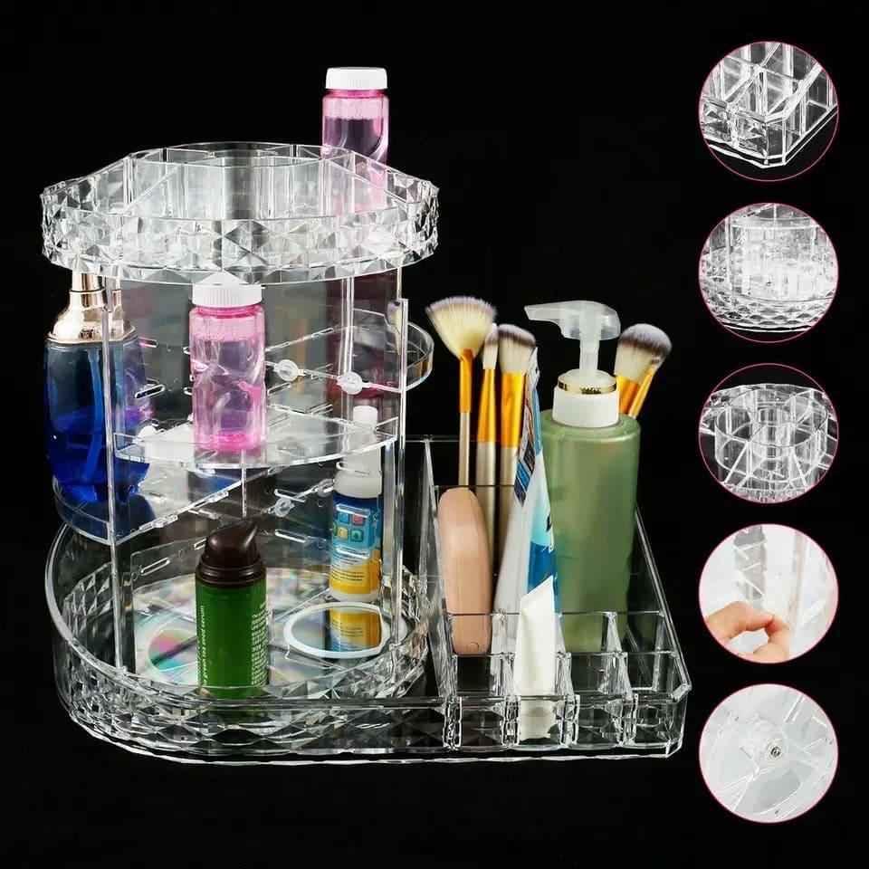 All In One Cosmetic Makeup Organizer, 360 Degree Rotation Makeup Organizer, Crystal Makeup Display Stand, Multifunction Detachable Makeup Beauty Organizer, Adjustable Cosmetic Display Case, Rotatable Transparent Beauty Organizer.