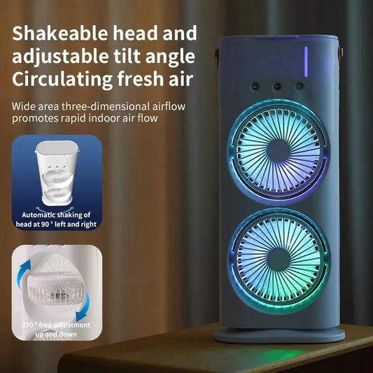 Rechargeable Mist Fan - Dual Spray with Automatic Rotation and Lighting Effects