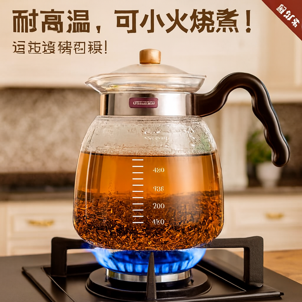 1000ml Heat-Resistant Glass Kettle with Wooden Handle