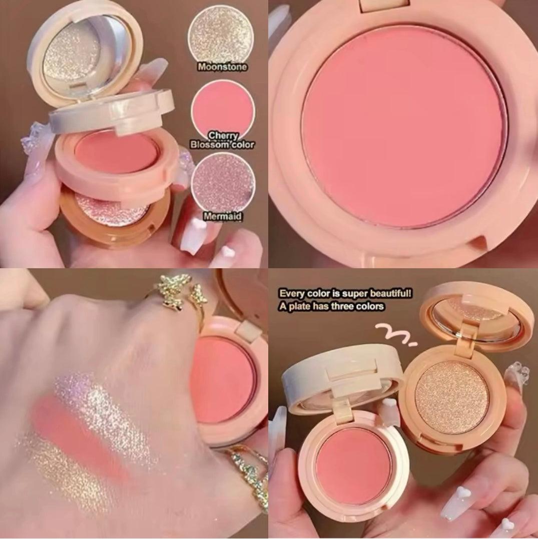 3-in-1 Blush Highlighter Set - Cutest Hudamoji Mini Blush & Highlighter with Pearly Finish - Clarify.pk